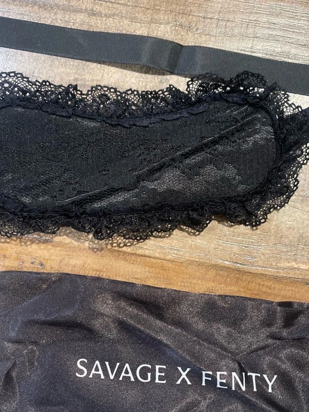 Savage X Fenty Black Lace Eye Mask with Branded Ribbon